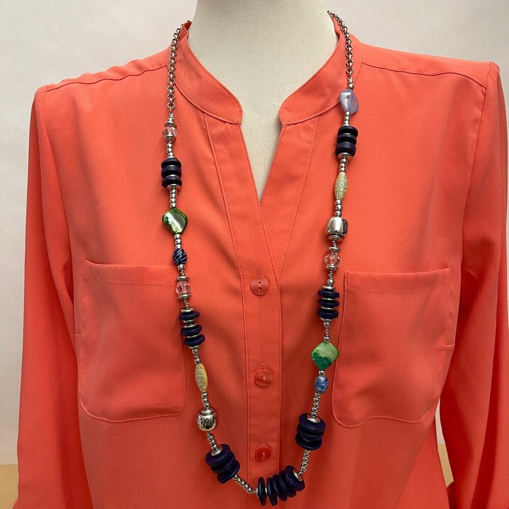 Chico's Silver-tone Beads Beaded Blue Green Silver Women's Fashion Necklace NWOT